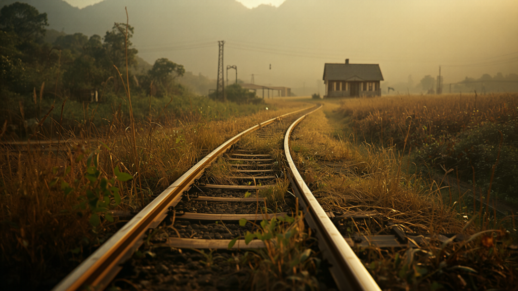 Trilhos de trem abandonados no interior de Minas Gerais, luz dourada do fim da tarde