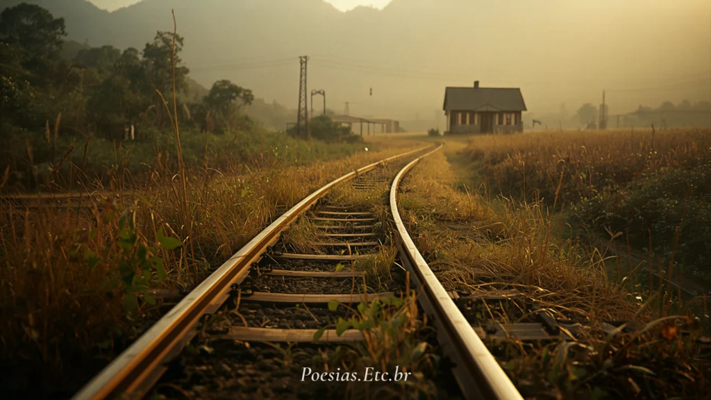 Trilhos de trem abandonados no interior de Minas Gerais, luz dourada do fim da tarde