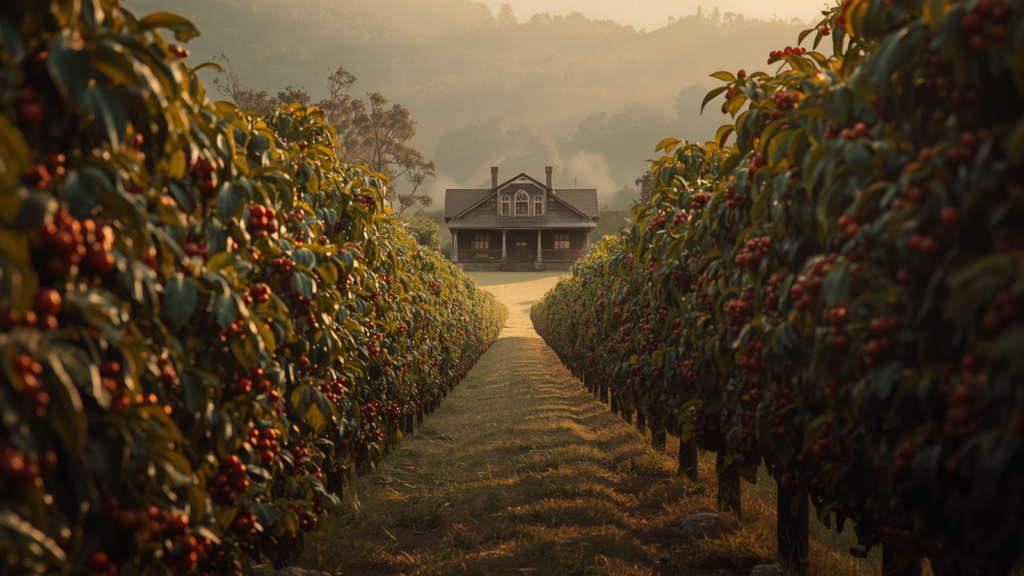 Fazenda de café nas montanhas de Minas Gerais ao amanhecer, névoa no vale
