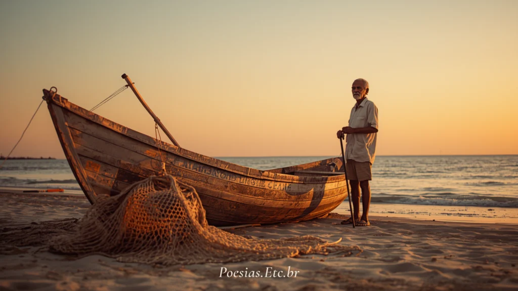 Pescador idoso ao lado de uma jangada na praia da Bahia ao amanhecer — variante 1
