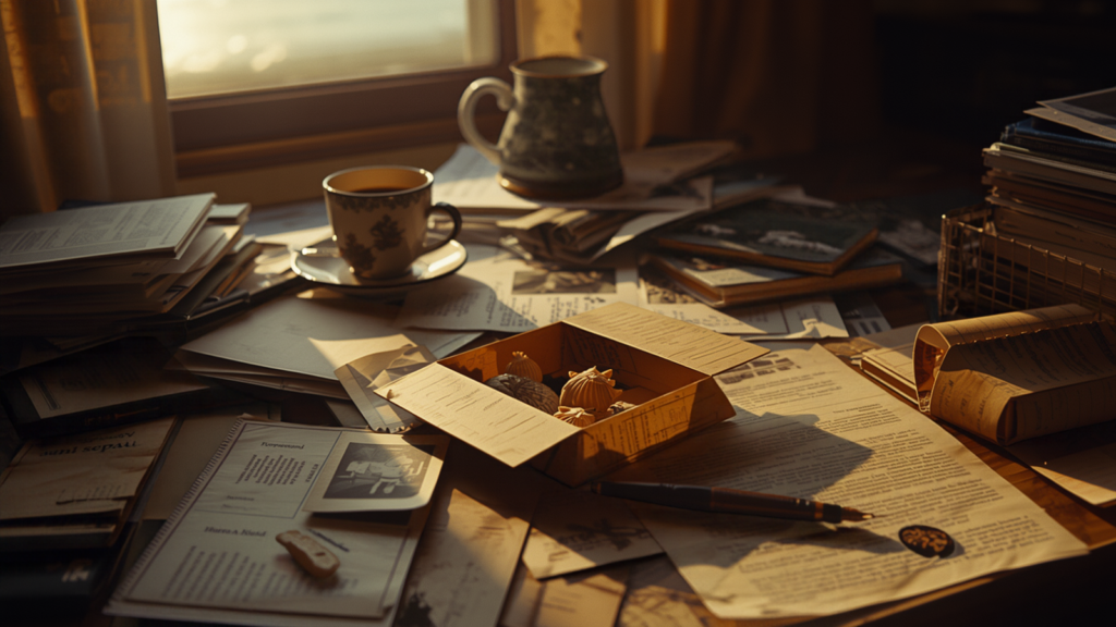 Mesa de escritório com um pequeno pacote aberto, concha e fotografia antiga, luz da tarde no Recife